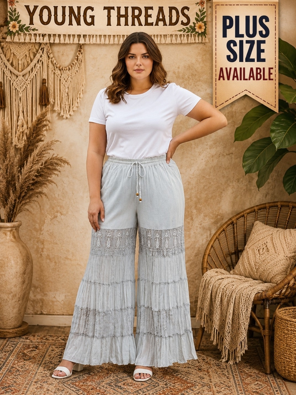 Young Threads Plus Size Wide Leg Lace-Trim Pants in Light  Blue
